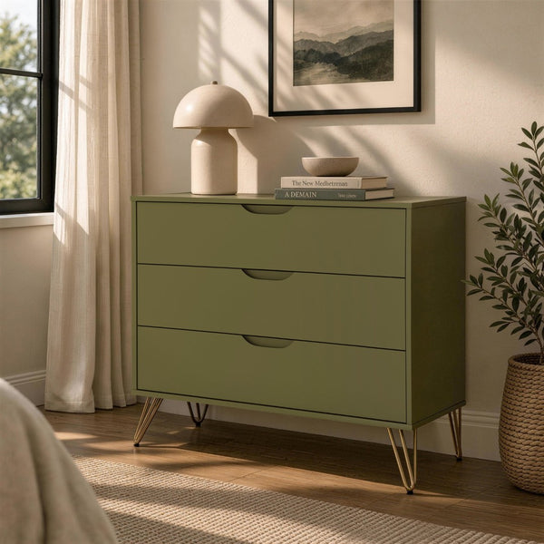 English Elm Dresser with 3 Spacious Drawers Metal Legs Minimalist Laminate Bedroom Storage Olive Green B365P504320