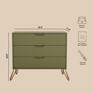 English Elm Dresser with 3 Spacious Drawers Metal Legs Minimalist Laminate Bedroom Storage Olive Green B365P504320