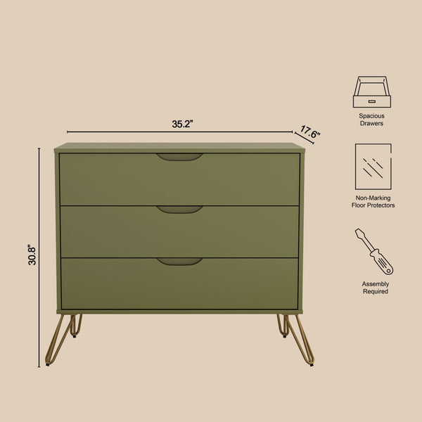 English Elm Dresser with 3 Spacious Drawers Metal Legs Minimalist Laminate Bedroom Storage Olive Green B365P504320