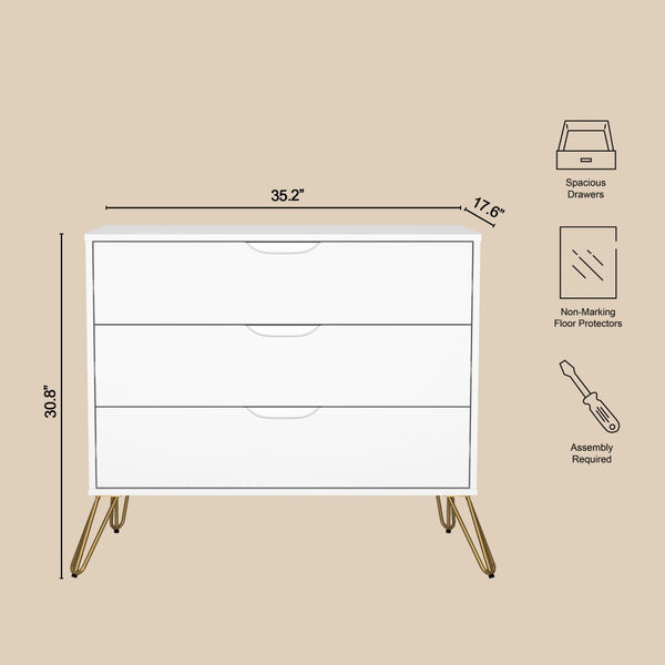 English Elm Dresser with 3 Spacious Drawers Metal Legs Minimalist Laminate Bedroom Storage White B365P504321