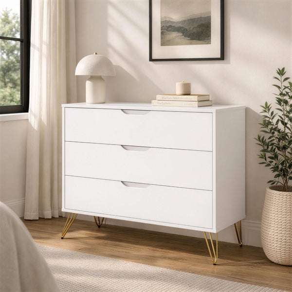 English Elm Dresser with 3 Spacious Drawers Metal Legs Minimalist Laminate Bedroom Storage White B365P504321