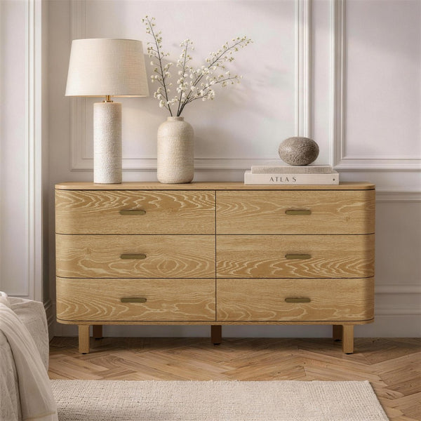 English Elm Dresser Six Drawer Wide Low Profile Natural Grain Veneer for Scandinavian Bedroom Oak B365P504322