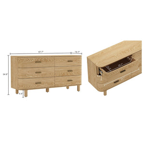English Elm Dresser Six Drawer Wide Low Profile Natural Grain Veneer for Scandinavian Bedroom Oak B365P504322