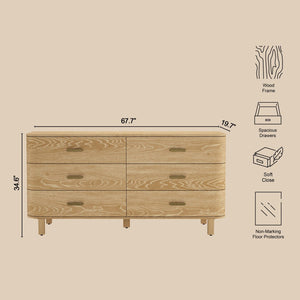 English Elm Dresser Six Drawer Wide Low Profile Natural Grain Veneer for Scandinavian Bedroom Oak B365P504322