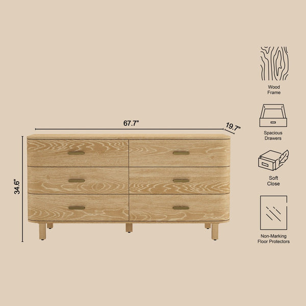 English Elm Dresser Six Drawer Wide Low Profile Natural Grain Veneer for Scandinavian Bedroom Oak B365P504322