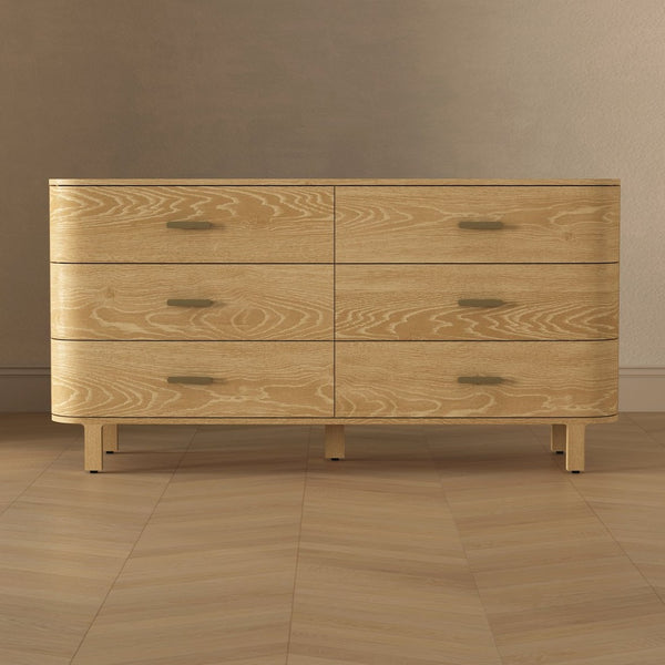 English Elm Dresser Six Drawer Wide Low Profile Natural Grain Veneer for Scandinavian Bedroom Oak B365P504322