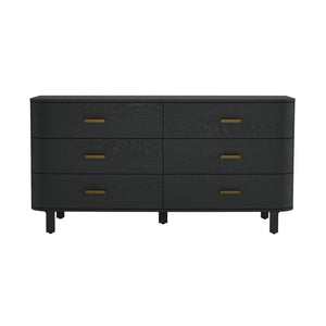 English Elm Dresser Six Drawer Wide Low Profile Natural Grain Veneer for Scandinavian Bedroom Black B365P504323