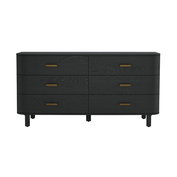 English Elm Dresser Six Drawer Wide Low Profile Natural Grain Veneer for Scandinavian Bedroom Black B365P504323