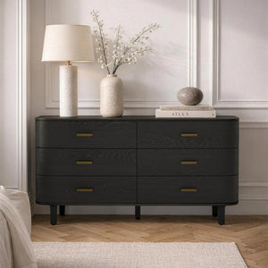 English Elm Dresser Six Drawer Wide Low Profile Natural Grain Veneer for Scandinavian Bedroom Black B365P504323
