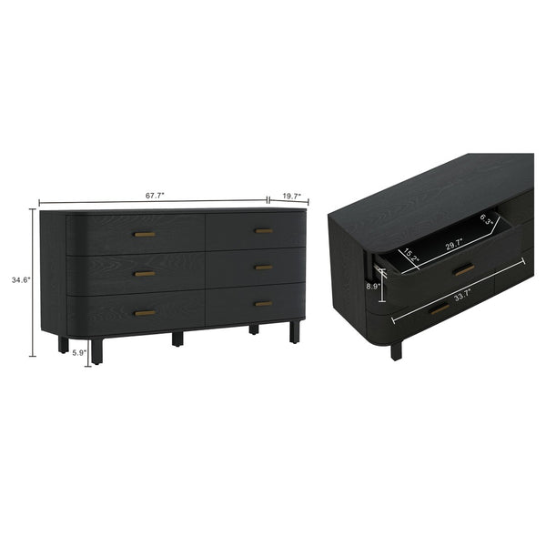 English Elm Dresser Six Drawer Wide Low Profile Natural Grain Veneer for Scandinavian Bedroom Black B365P504323