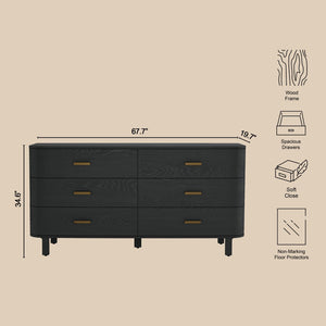 English Elm Dresser Six Drawer Wide Low Profile Natural Grain Veneer for Scandinavian Bedroom Black B365P504323