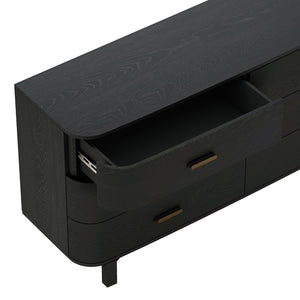 English Elm Dresser Six Drawer Wide Low Profile Natural Grain Veneer for Scandinavian Bedroom Black B365P504323