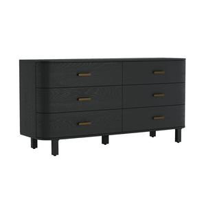 English Elm Dresser Six Drawer Wide Low Profile Natural Grain Veneer for Scandinavian Bedroom Black B365P504323