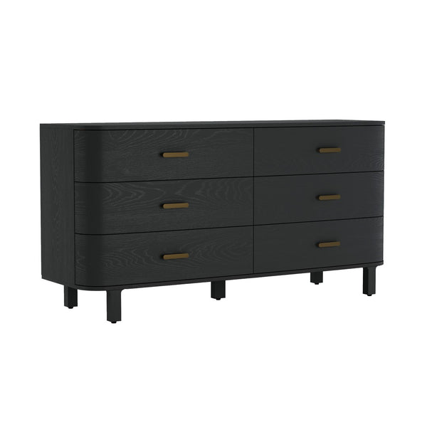 English Elm Dresser Six Drawer Wide Low Profile Natural Grain Veneer for Scandinavian Bedroom Black B365P504323