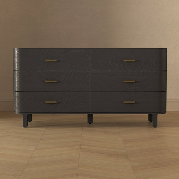 English Elm Dresser Six Drawer Wide Low Profile Natural Grain Veneer for Scandinavian Bedroom Black B365P504323