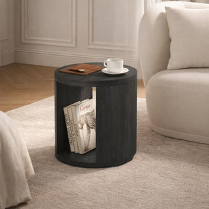 English Elm End Table Round Cylindrical Wood Grain Laminate with Open Storage for Living Room Charcoal B365P504324