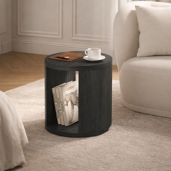 English Elm End Table Round Cylindrical Wood Grain Laminate with Open Storage for Living Room Charcoal B365P504324
