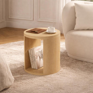 English Elm End Table Round Cylindrical Wood Grain Laminate with Open Storage for Living Room Natural Oak B365P504325