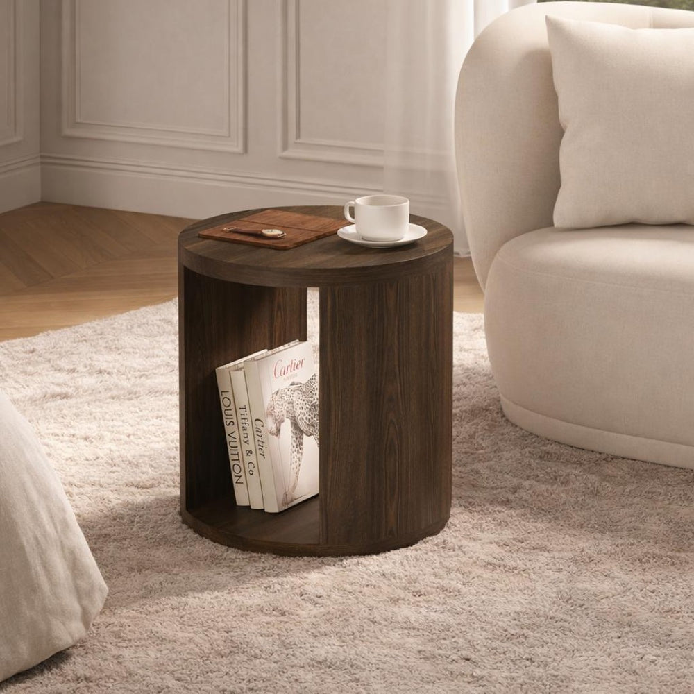 English Elm End Table Round Cylindrical Wood Grain Laminate with Open Storage for Living Room Walnut B365P504326