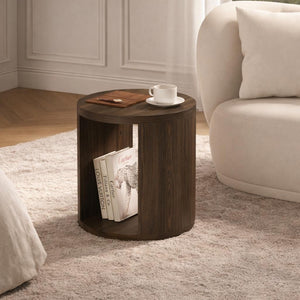 English Elm End Table Round Cylindrical Wood Grain Laminate with Open Storage for Living Room Walnut B365P504326