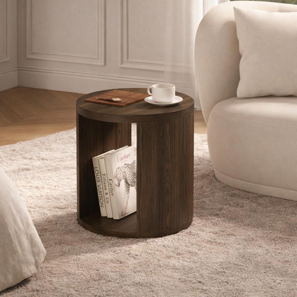 English Elm End Table Round Cylindrical Wood Grain Laminate with Open Storage for Living Room Walnut B365P504326