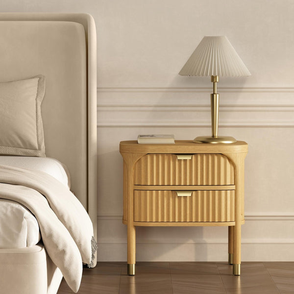 English Elm Nightstand Solid Rubberwood with Fluted Drawer Fronts and Soft Close Slides for Bedroom Natural B365P504327