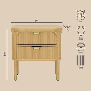 English Elm Nightstand Solid Rubberwood with Fluted Drawer Fronts and Soft Close Slides for Bedroom Natural B365P504327