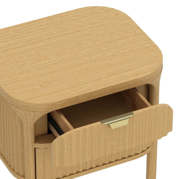 English Elm Nightstand Solid Rubberwood with Fluted Drawer Fronts and Soft Close Slides for Bedroom Natural B365P504327