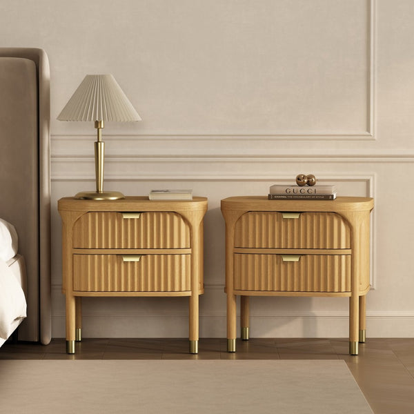 English Elm Nightstand Solid Rubberwood with Fluted Drawer Fronts and Soft Close Slides for Bedroom Natural B365P504327