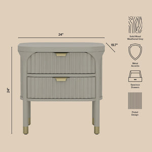 English Elm Nightstand Solid Rubberwood with Fluted Drawer Fronts and Soft Close Slides for Bedroom Grey B365P504328