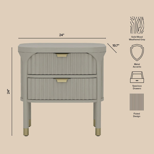 English Elm Nightstand Solid Rubberwood with Fluted Drawer Fronts and Soft Close Slides for Bedroom Grey B365P504328