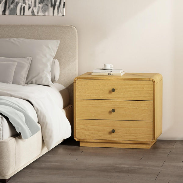 English Elm Nightstand Solid Rubberwood Three Drawer Bedside Cabinet with Soft Close Tracks Modern Organic Natural B365P504329