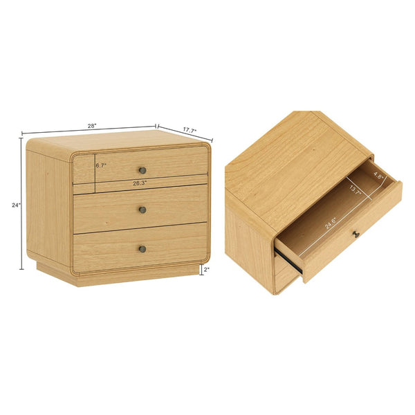 English Elm Nightstand Solid Rubberwood Three Drawer Bedside Cabinet with Soft Close Tracks Modern Organic Natural B365P504329