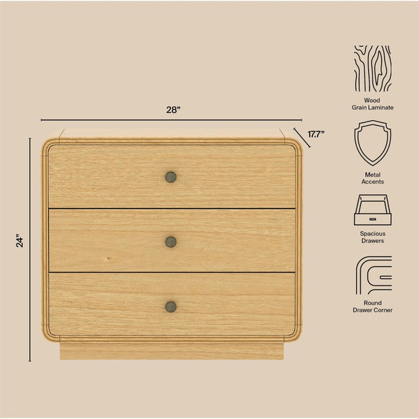 English Elm Nightstand Solid Rubberwood Three Drawer Bedside Cabinet with Soft Close Tracks Modern Organic Natural B365P504329