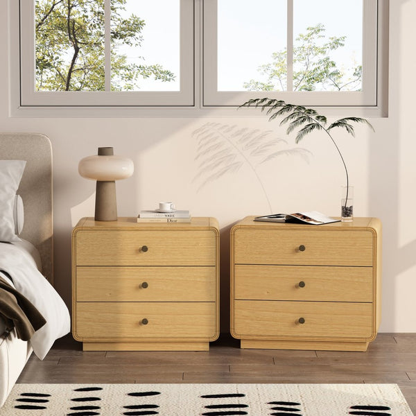 English Elm Nightstand Solid Rubberwood Three Drawer Bedside Cabinet with Soft Close Tracks Modern Organic Natural B365P504329