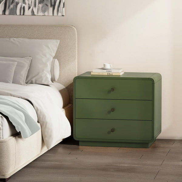 English Elm Nightstand Solid Rubberwood Three Drawer Bedside Cabinet with Soft Close Tracks Modern Organic Green B365P504330