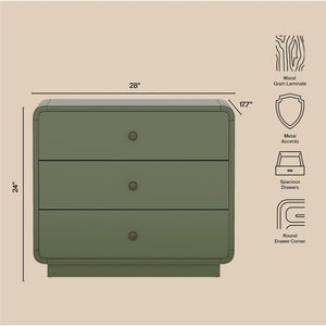 English Elm Nightstand Solid Rubberwood Three Drawer Bedside Cabinet with Soft Close Tracks Modern Organic Green B365P504330
