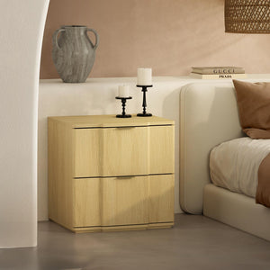English Elm Nightstand with Sculpted Drawer Fronts Natural Wood and Gold Accents Bedroom Accent Natural+Gold B365P504331