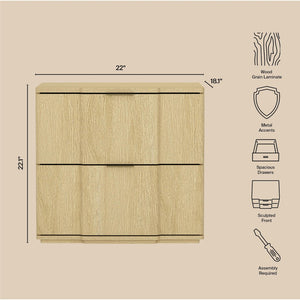 English Elm Nightstand with Sculpted Drawer Fronts Natural Wood and Gold Accents Bedroom Accent Natural+Gold B365P504331