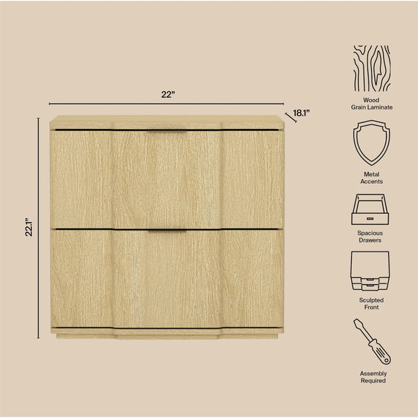 English Elm Nightstand with Sculpted Drawer Fronts Natural Wood and Gold Accents Bedroom Accent Natural+Gold B365P504331