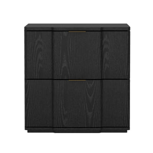 English Elm Nightstand with Sculpted Drawer Fronts Natural Wood and Gold Accents Bedroom Accent Black+Gold B365P504332