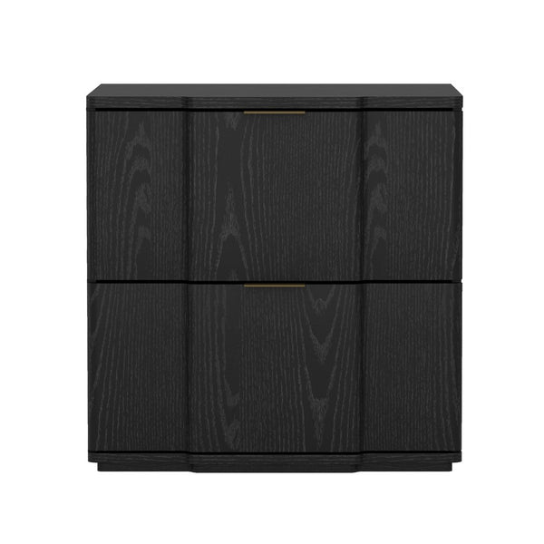 English Elm Nightstand with Sculpted Drawer Fronts Natural Wood and Gold Accents Bedroom Accent Black+Gold B365P504332
