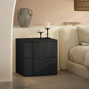 English Elm Nightstand with Sculpted Drawer Fronts Natural Wood and Gold Accents Bedroom Accent Black+Gold B365P504332