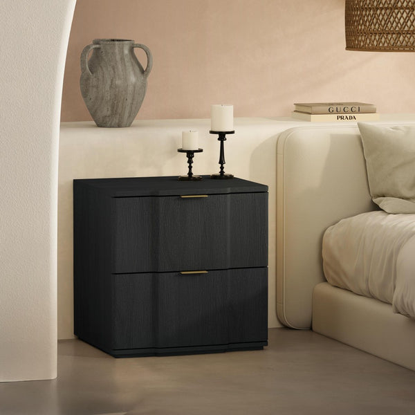 English Elm Nightstand with Sculpted Drawer Fronts Natural Wood and Gold Accents Bedroom Accent Black+Gold B365P504332