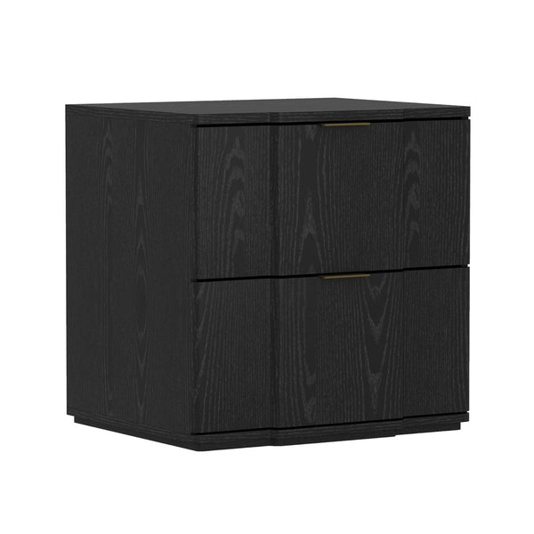 English Elm Nightstand with Sculpted Drawer Fronts Natural Wood and Gold Accents Bedroom Accent Black+Gold B365P504332