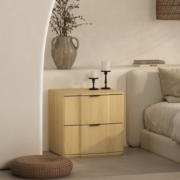 English Elm Nightstand with Sculpted Drawer Fronts Natural Wood and Gold Accents Bedroom Accent Natural+Black B365P504333
