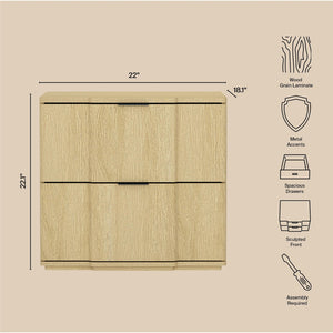 English Elm Nightstand with Sculpted Drawer Fronts Natural Wood and Gold Accents Bedroom Accent Natural+Black B365P504333