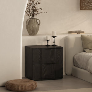 English Elm Nightstand with Sculpted Drawer Fronts Natural Wood and Gold Accents Bedroom Accent Black B365P504334