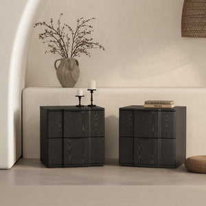 English Elm Nightstand with Sculpted Drawer Fronts Natural Wood and Gold Accents Bedroom Accent Black B365P504334