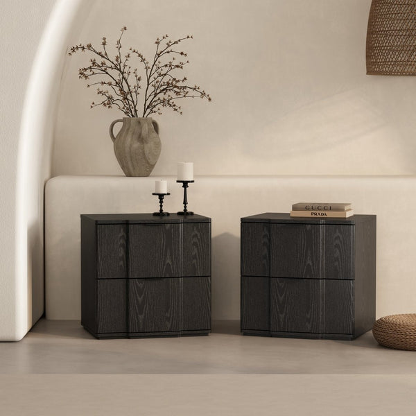 English Elm Nightstand with Sculpted Drawer Fronts Natural Wood and Gold Accents Bedroom Accent Black B365P504334